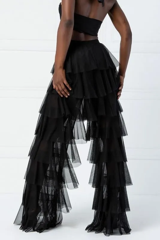 Women Layer Ruffle Tulle Long Pants High Waist See Through Mesh Flare Pants Fairy Sweet Wide Leg Trousers