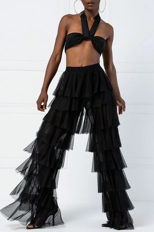 Women Layer Ruffle Tulle Long Pants High Waist See Through Mesh Flare Pants Fairy Sweet Wide Leg Trousers