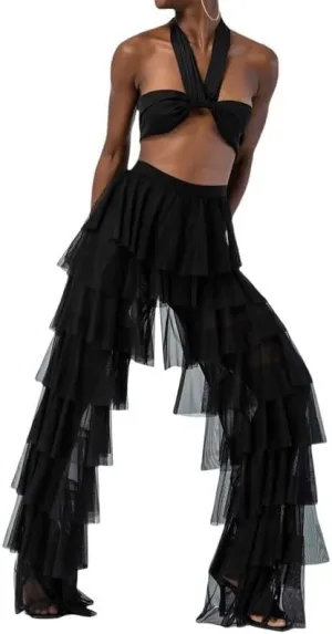 Women Layer Ruffle Tulle Long Pants High Waist See Through Mesh Flare Pants Fairy Sweet Wide Leg Trousers