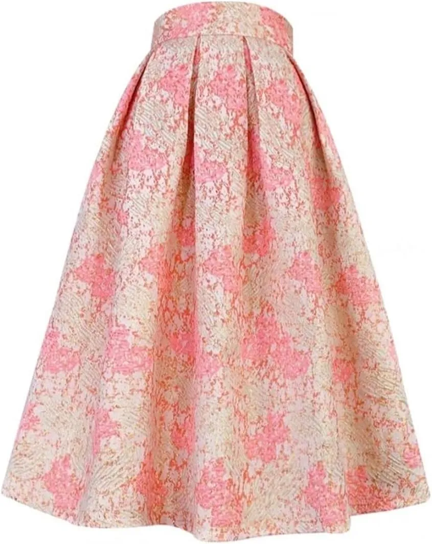 Women Long Pleated Midi Skirt High Waisted Printed Skirt Embroidered Slim Midi Skater Skirt