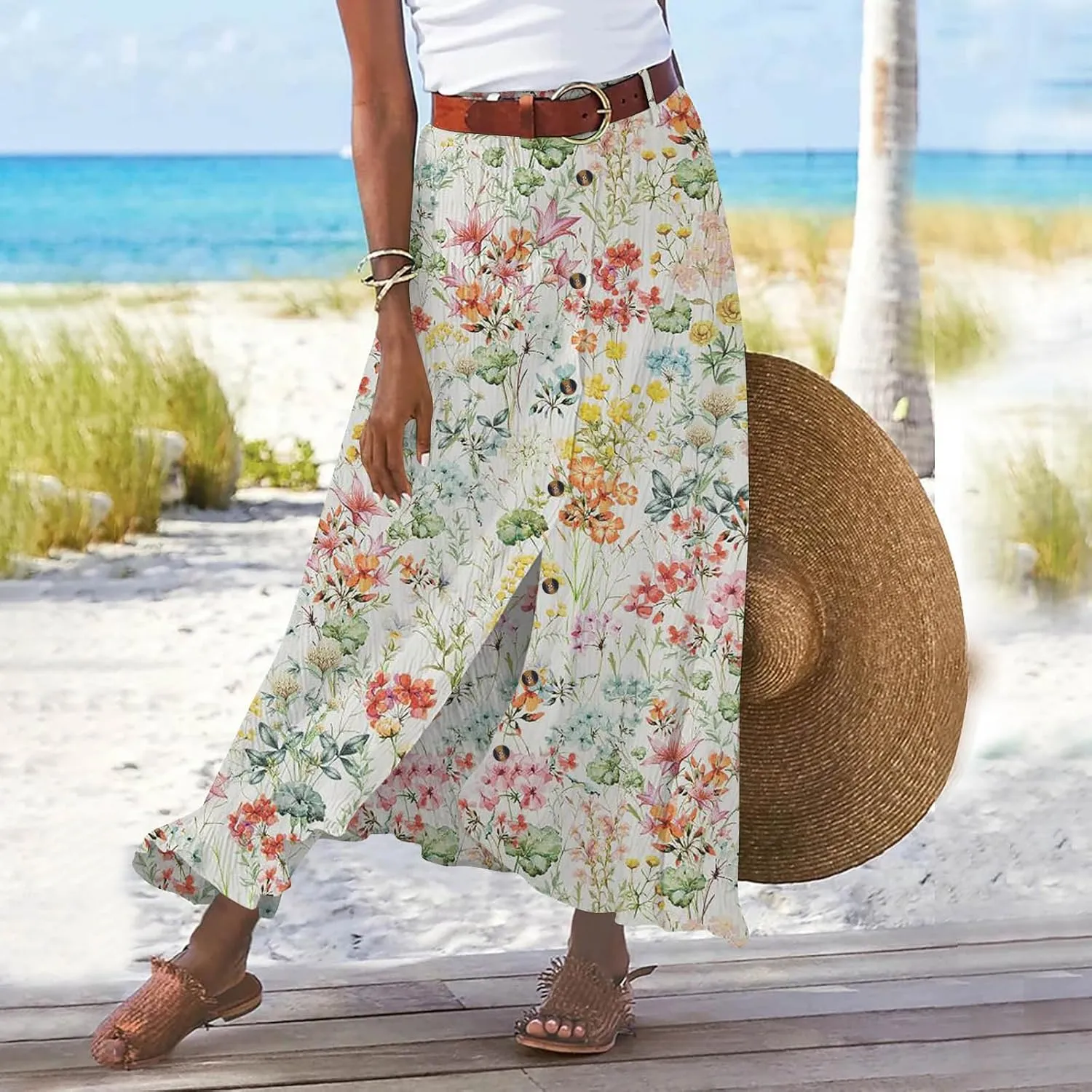 Women Long Skirt A-Line High Waist Front Slit Buttons Flowy Maxi Skirt Casual Beach Vacation Skirt for Women