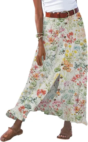 Women Long Skirt A-Line High Waist Front Slit Buttons Flowy Maxi Skirt Casual Beach Vacation Skirt for Women
