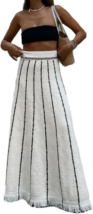 Women Long Skirt Knit Stripe Tassels High Waist Maxi Skirt Loose Skirt Business Vacation Outfits for Women