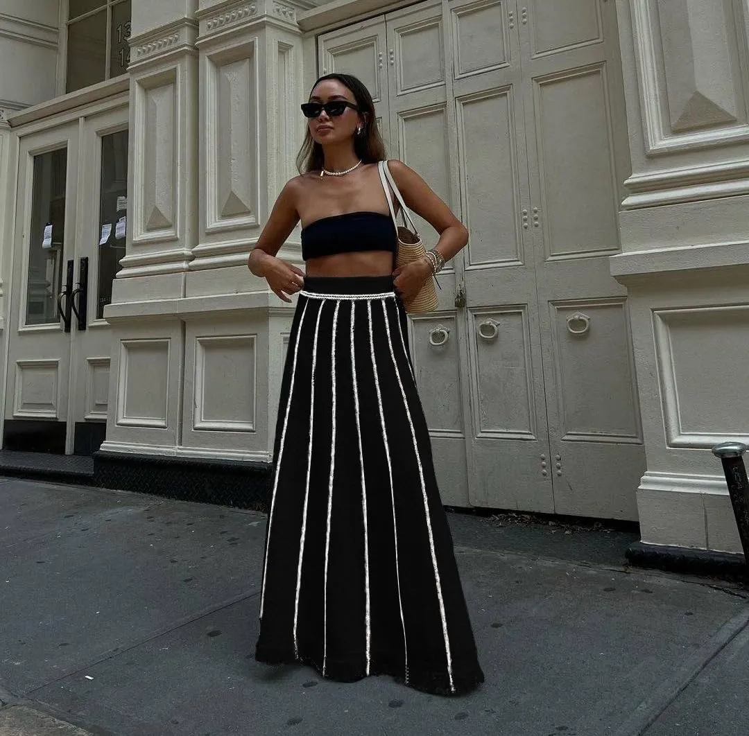 Women Long Skirt Knit Stripe Tassels High Waist Maxi Skirt Loose Skirt Business Vacation Outfits for Women
