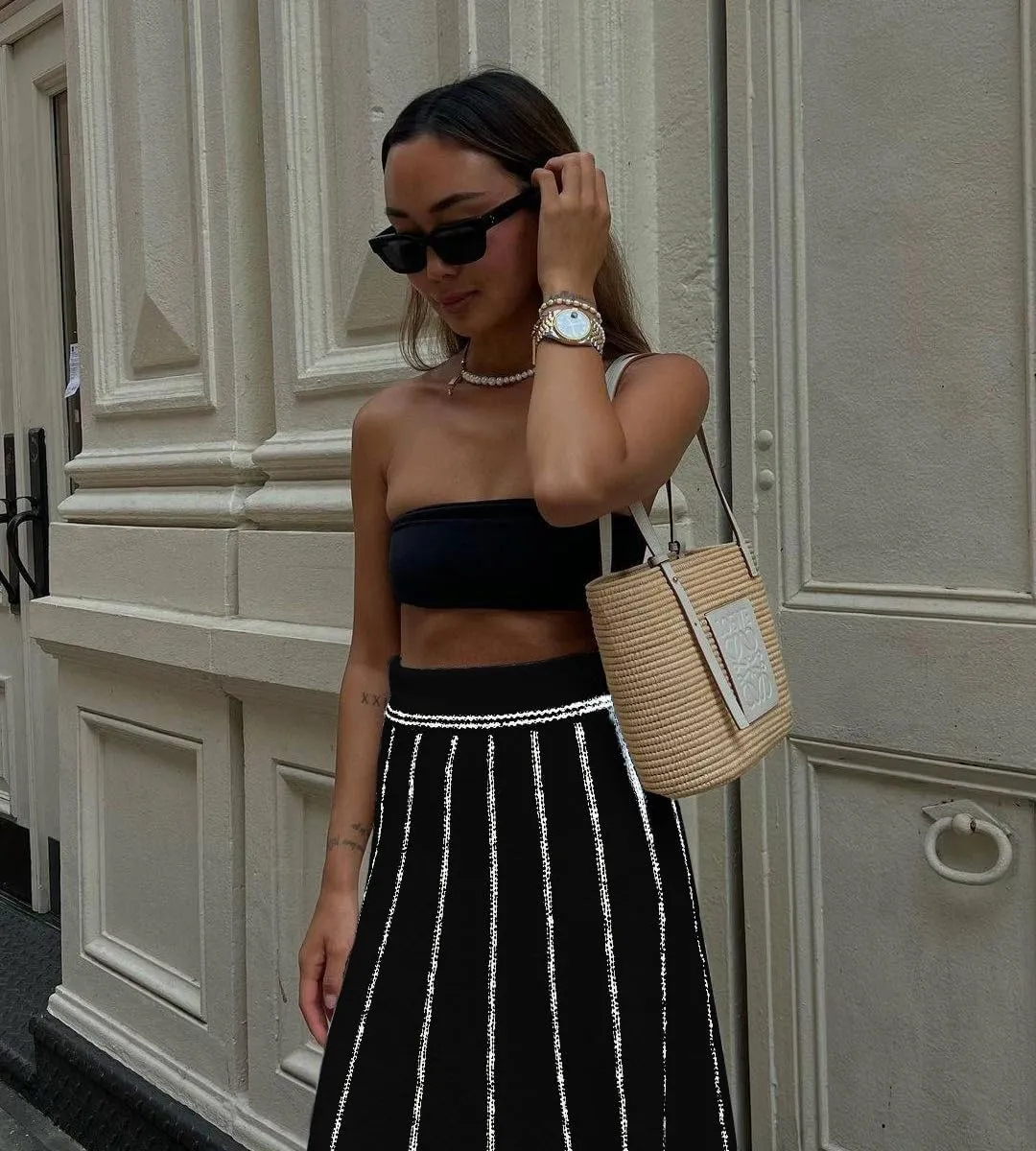 Women Long Skirt Knit Stripe Tassels High Waist Maxi Skirt Loose Skirt Business Vacation Outfits for Women