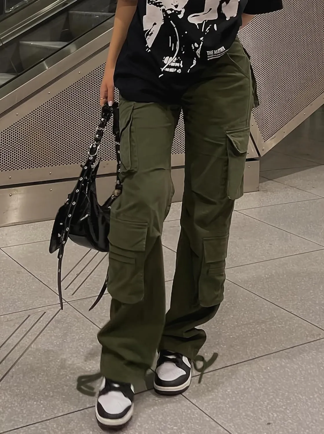 Women Mid Waisted Cargo Jeans Flap Pocket Straight Wide Leg Casual Baggy Boyfriend Denim Streetwear Pants