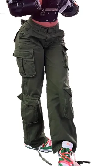 Women Mid Waisted Cargo Jeans Flap Pocket Straight Wide Leg Casual Baggy Boyfriend Denim Streetwear Pants