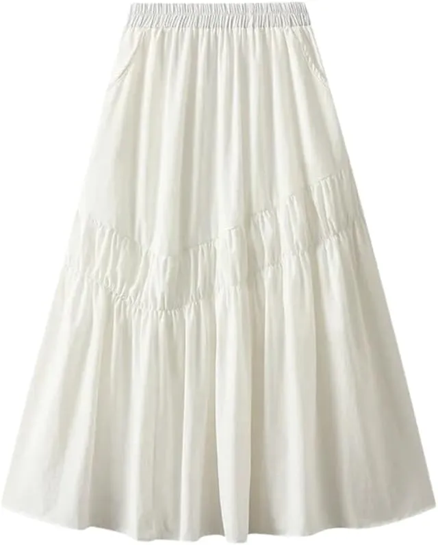 Women Midi Long Pleated Skirts A-Line High Waist Skirt Korean Style Party Evening Solid Skirt