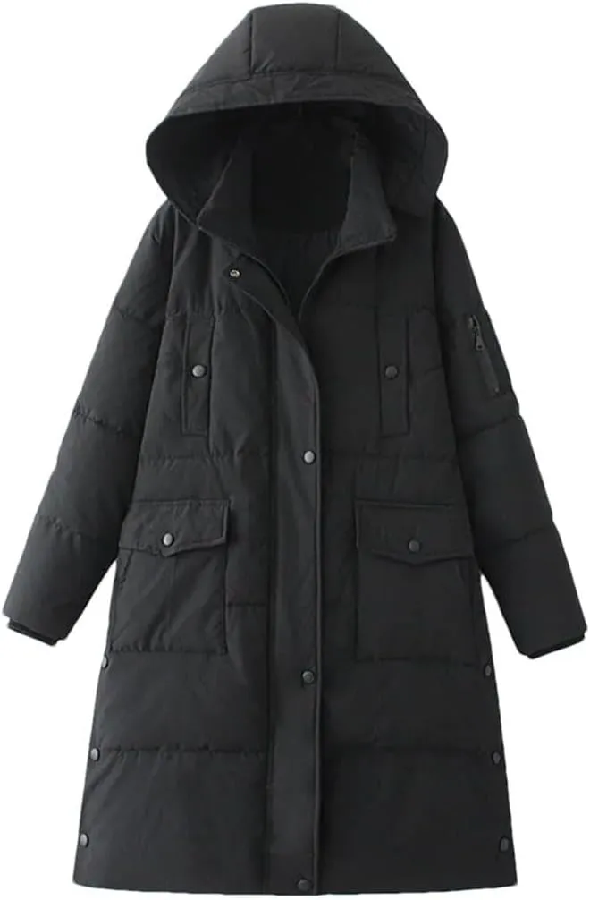 Women Parkas Loose Fit Long Padded Jacket Winter Hooded Thick Down Cotton Knee Length Coat
