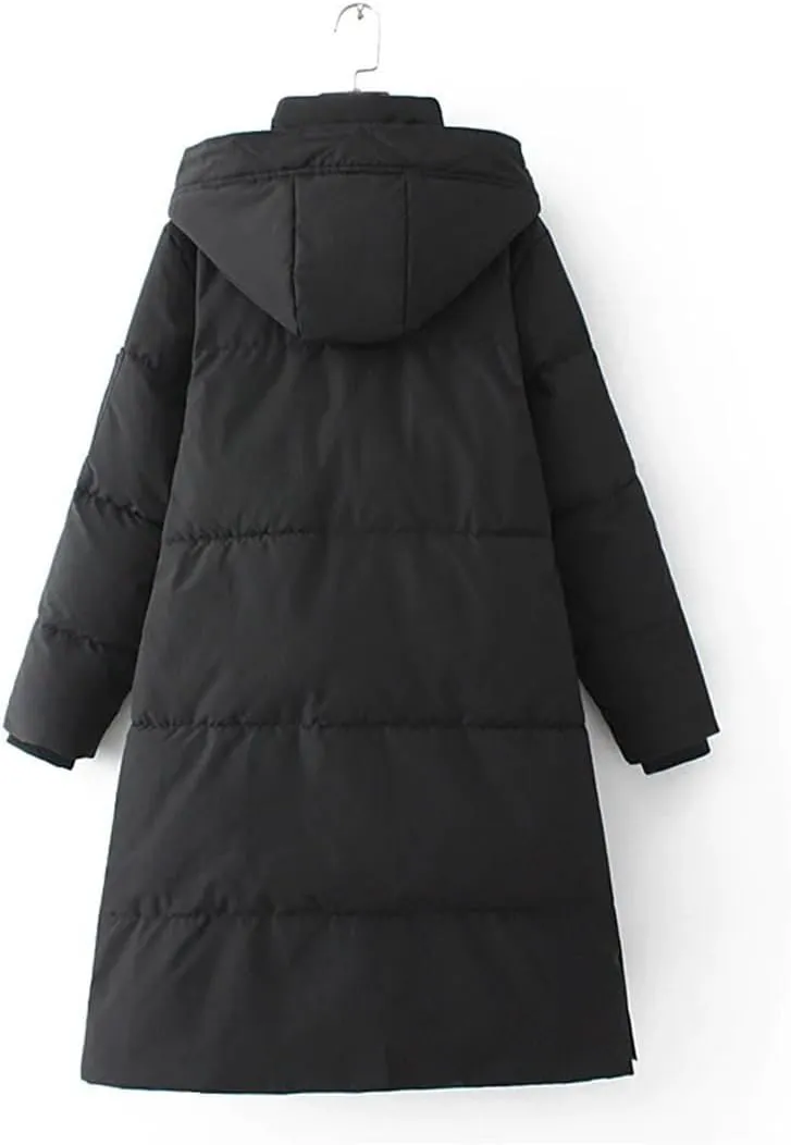 Women Parkas Loose Fit Long Padded Jacket Winter Hooded Thick Down Cotton Knee Length Coat