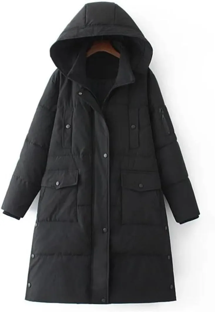 Women Parkas Loose Fit Long Padded Jacket Winter Hooded Thick Down Cotton Knee Length Coat