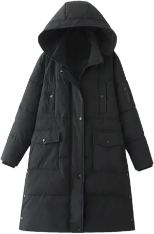 Women Parkas Loose Fit Long Padded Jacket Winter Hooded Thick Down Cotton Knee Length Coat