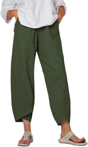 Women Summer Linen Wide Leg Capris Casual Pleated Elastic Waist Baggy Pants Beach Palazzo Trousers with Pockets