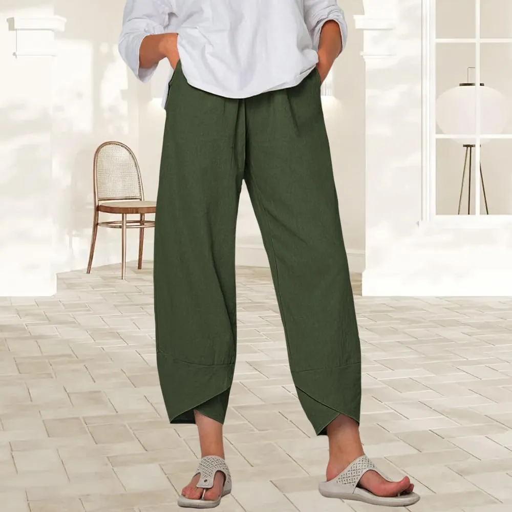 Women Summer Linen Wide Leg Capris Casual Pleated Elastic Waist Baggy Pants Beach Palazzo Trousers with Pockets