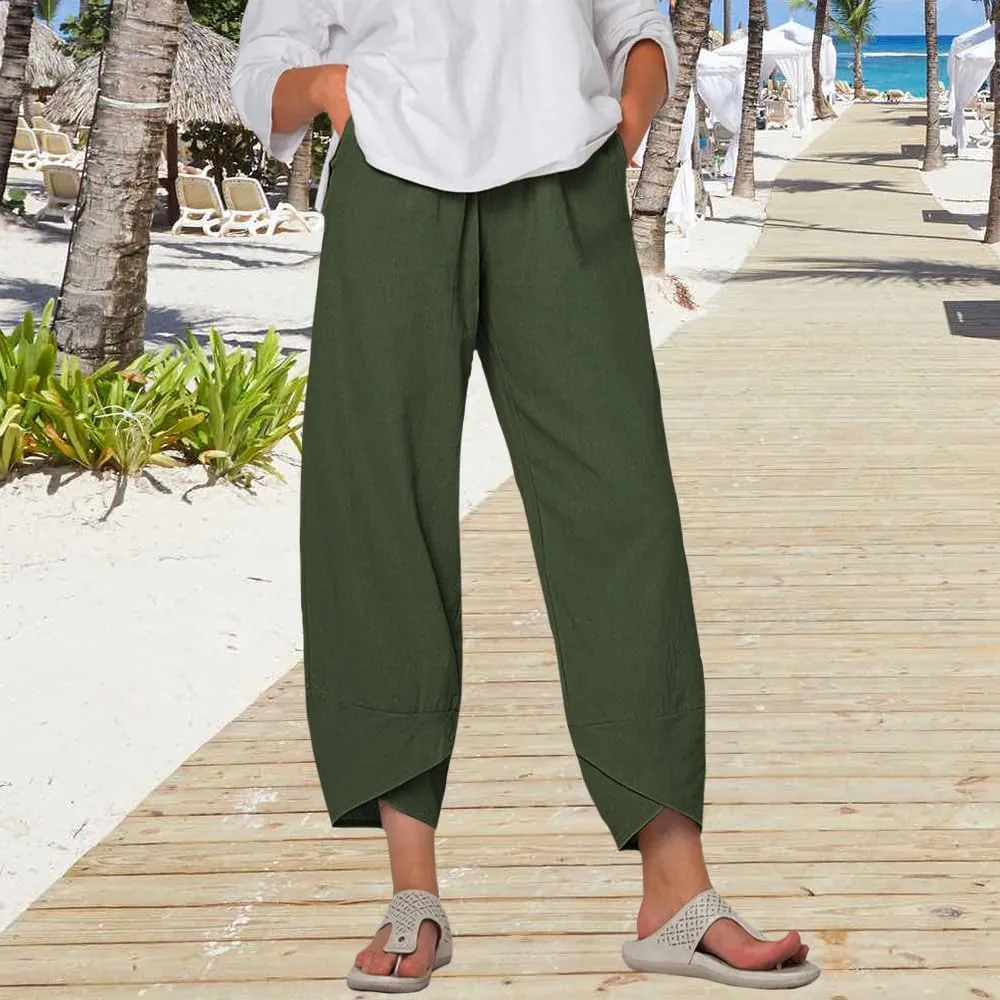 Women Summer Linen Wide Leg Capris Casual Pleated Elastic Waist Baggy Pants Beach Palazzo Trousers with Pockets