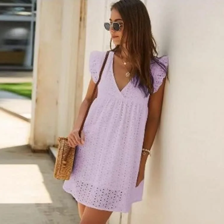 Women Summer Plain Dress Ruffle Sleeve V Neck Casual Loose Flowy Swing Mini Short Dress
