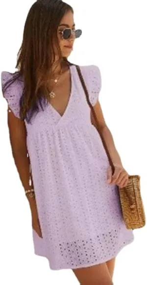 Women Summer Plain Dress Ruffle Sleeve V Neck Casual Loose Flowy Swing Mini Short Dress