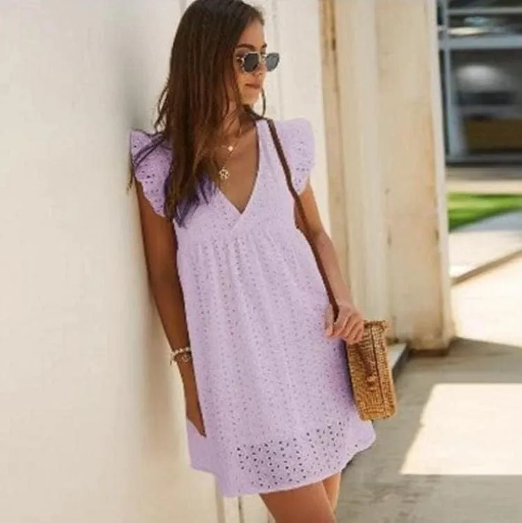 Women Summer Plain Dress Ruffle Sleeve V Neck Casual Loose Flowy Swing Mini Short Dress