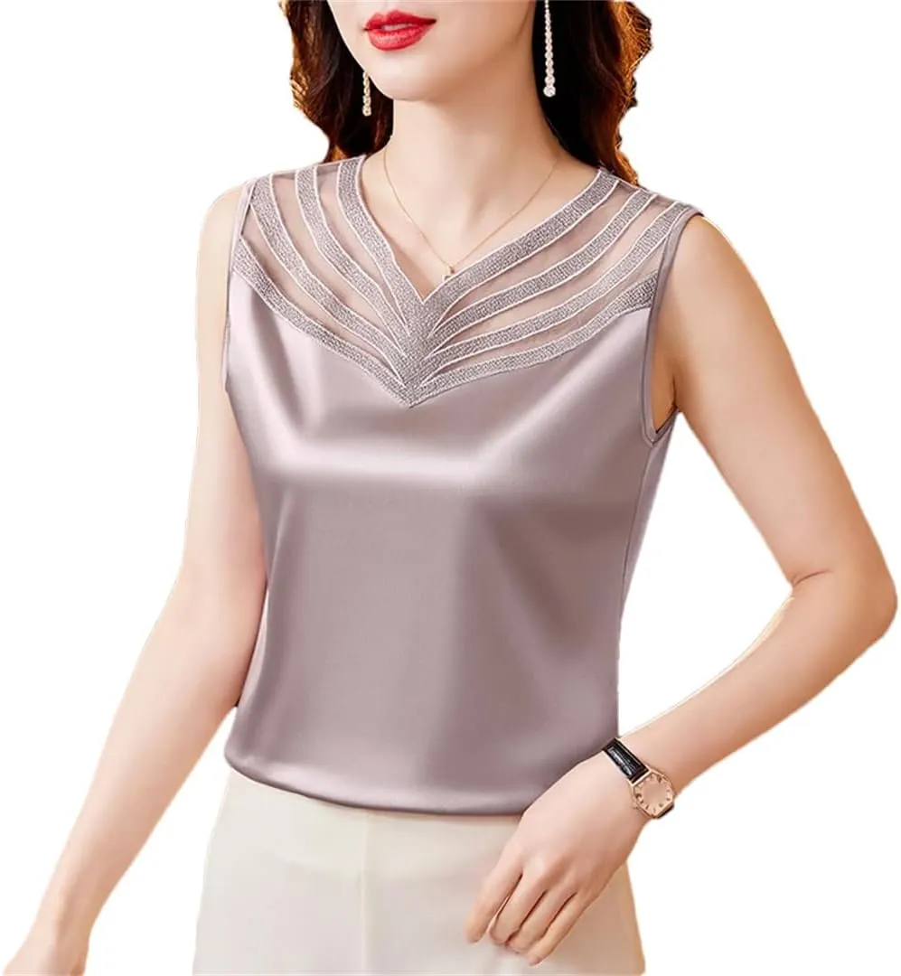 Women Summer Silk Satin Shirt Patchwork Lace Camisole Tops V-Neck Sleeveless Casual Women Clothing