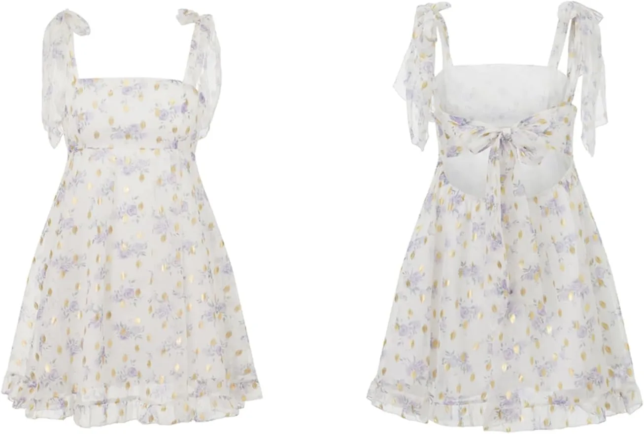 Women Tie Shoulder Mini Dress Floral Sleeveless Backless Bow Tie Strap Ruffle Flowy A-Line Cami Dress Beach Sundress