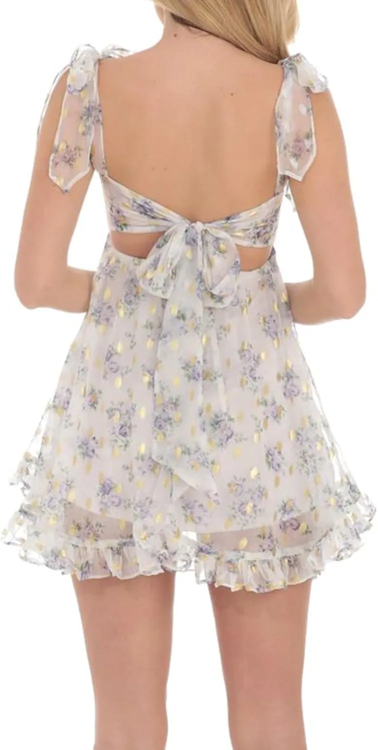 Women Tie Shoulder Mini Dress Floral Sleeveless Backless Bow Tie Strap Ruffle Flowy A-Line Cami Dress Beach Sundress