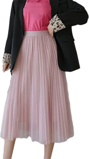 Women Tulle Pleated Skirt, High Waist Mesh Midi Skirt, Black White Pink Sweet Fairy Skirts