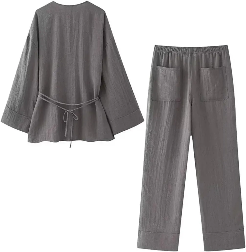Women Two Piece Set Solid Lace Up Loose Coats & Vintage High Elastic Waist Trousers Sets