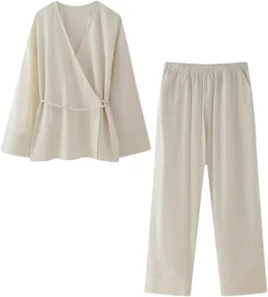 Women Two Piece Set Solid Lace Up Loose Coats & Vintage High Elastic Waist Trousers Sets