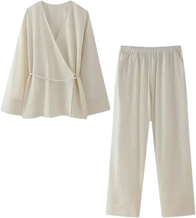 Women Two Piece Set Solid Lace Up Loose Coats & Vintage High Elastic Waist Trousers Sets