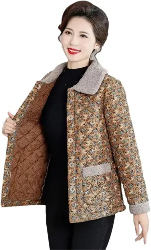 Women Winter Thicken Warm Cotton Padded Coat Middle Aged Elderly Mothers Lapel Flower Fleece Outwear