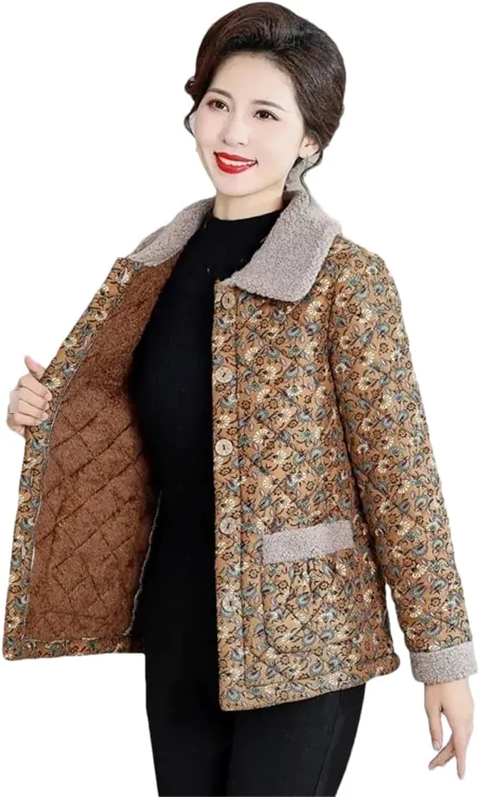 Women Winter Thicken Warm Cotton Padded Coat Middle Aged Elderly Mothers Lapel Flower Fleece Outwear