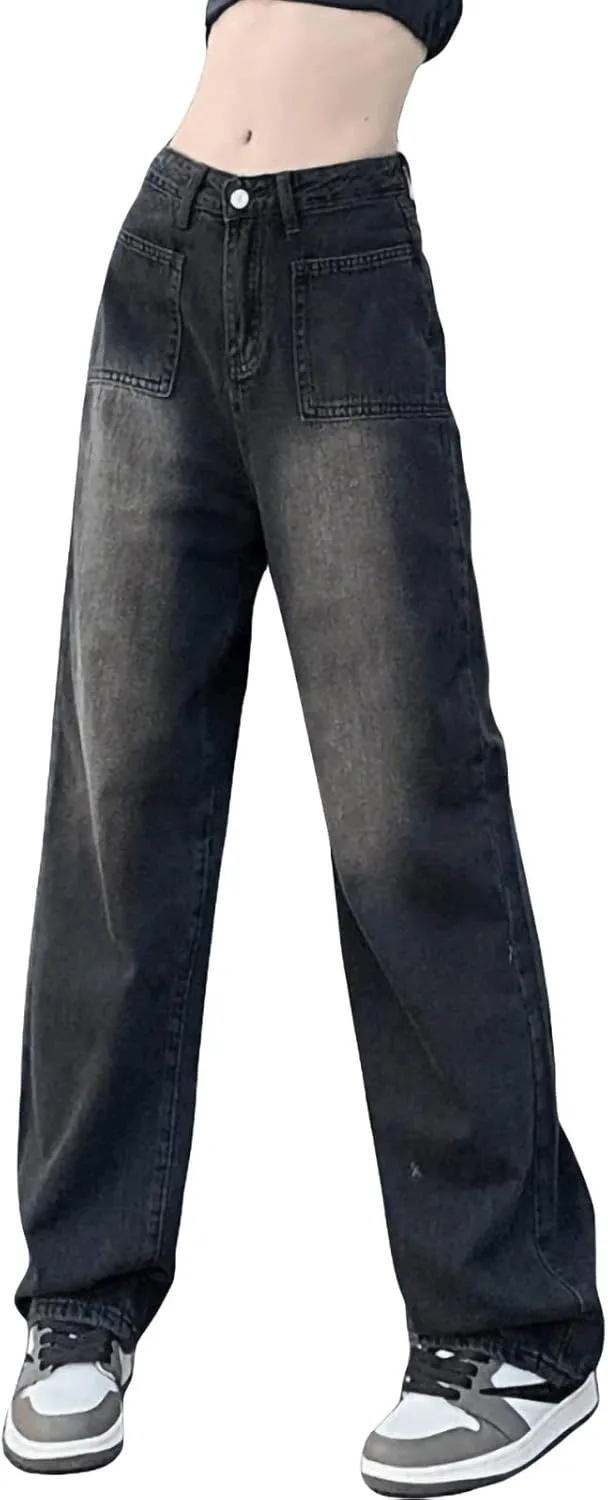 Women Y2k Baggy Jeans Wide Straight Leg High Waist Denim Pants Vintage Harajuku Loose Casual Trousers Streetwear