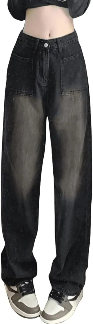 Women Y2k Baggy Jeans Wide Straight Leg High Waist Denim Pants Vintage Harajuku Loose Casual Trousers Streetwear