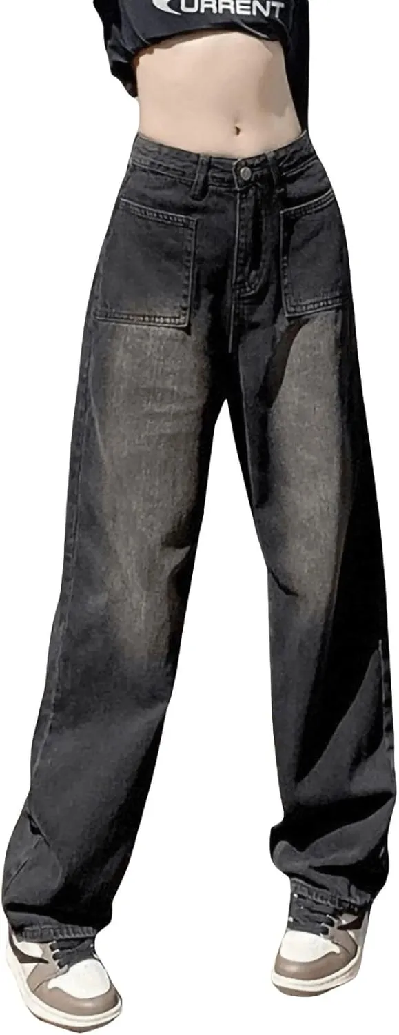 Women Y2k Baggy Jeans Wide Straight Leg High Waist Denim Pants Vintage Harajuku Loose Casual Trousers Streetwear