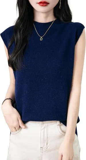 Women's 100% Merino Wool Spring Fall Winter First-Line Ready to Wear Mock Neck Seamless Knit Sleeveless Sweater Vest