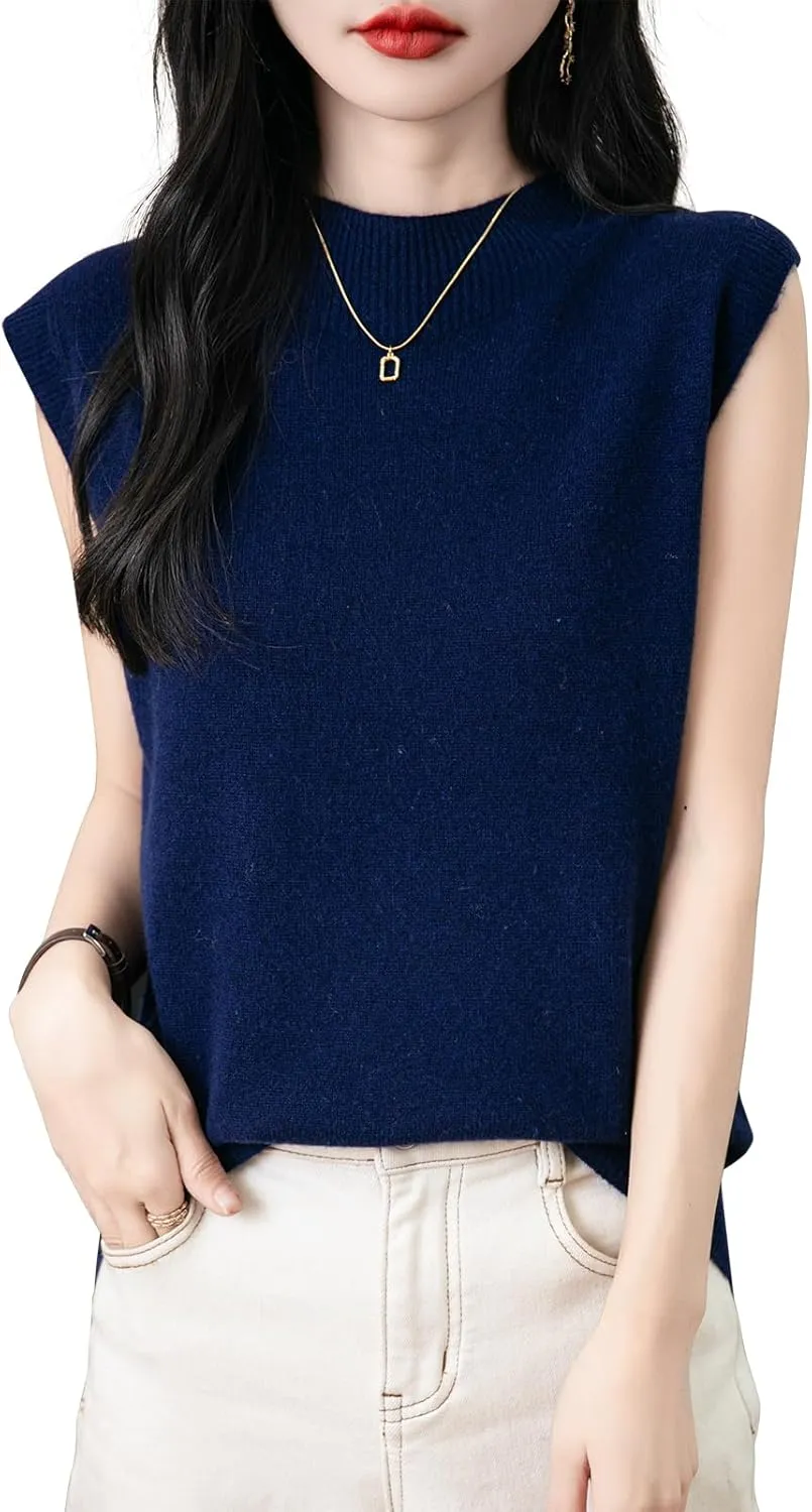 Women's 100% Merino Wool Spring Fall Winter First-Line Ready to Wear Mock Neck Seamless Knit Sleeveless Sweater Vest