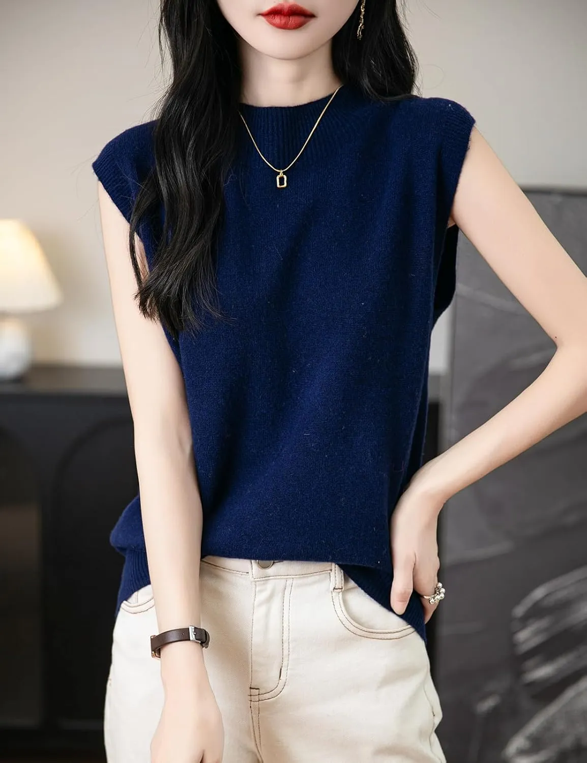 Women's 100% Merino Wool Spring Fall Winter First-Line Ready to Wear Mock Neck Seamless Knit Sleeveless Sweater Vest