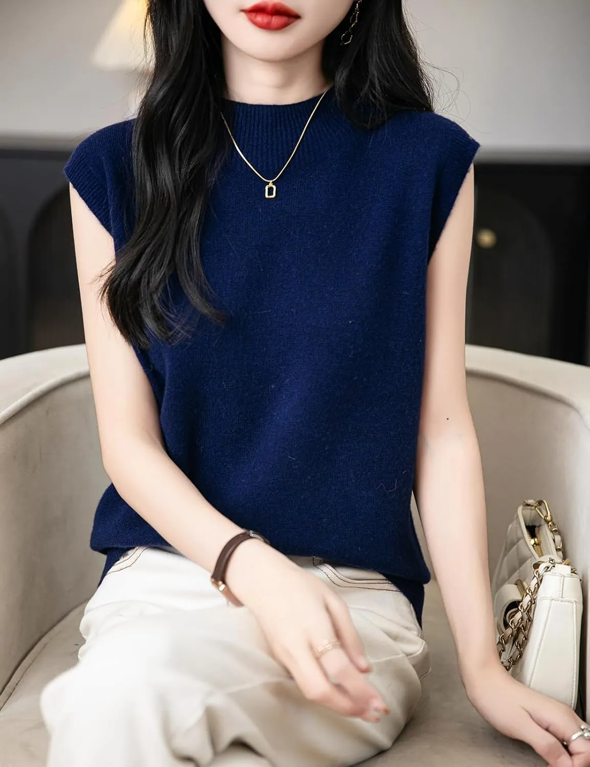 Women's 100% Merino Wool Spring Fall Winter First-Line Ready to Wear Mock Neck Seamless Knit Sleeveless Sweater Vest