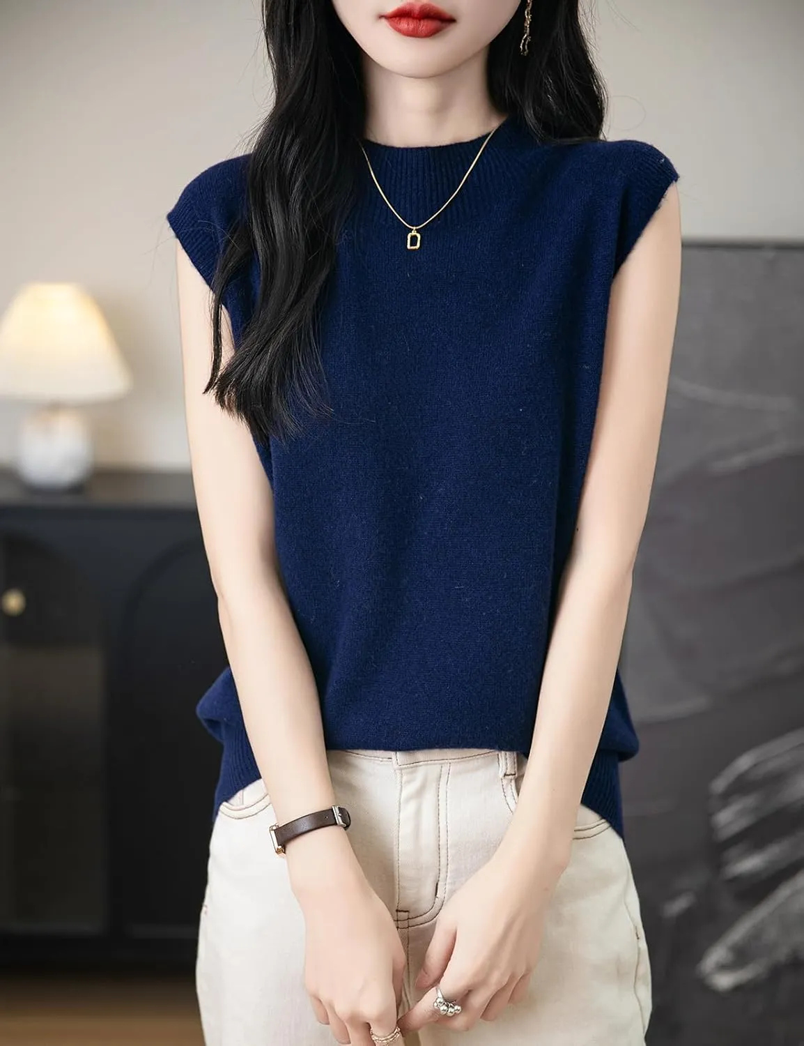 Women's 100% Merino Wool Spring Fall Winter First-Line Ready to Wear Mock Neck Seamless Knit Sleeveless Sweater Vest