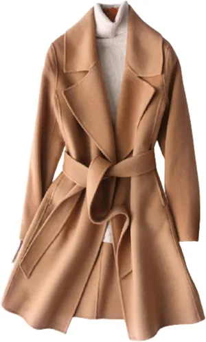 Women's 100% Wool Trench Coat Mid Length Jackets Notch Lapel Slim Overcoat Autumn Winter Lightweight and Warm Woolen Cardigan Outwear with Belt and Pockets,Camel,S