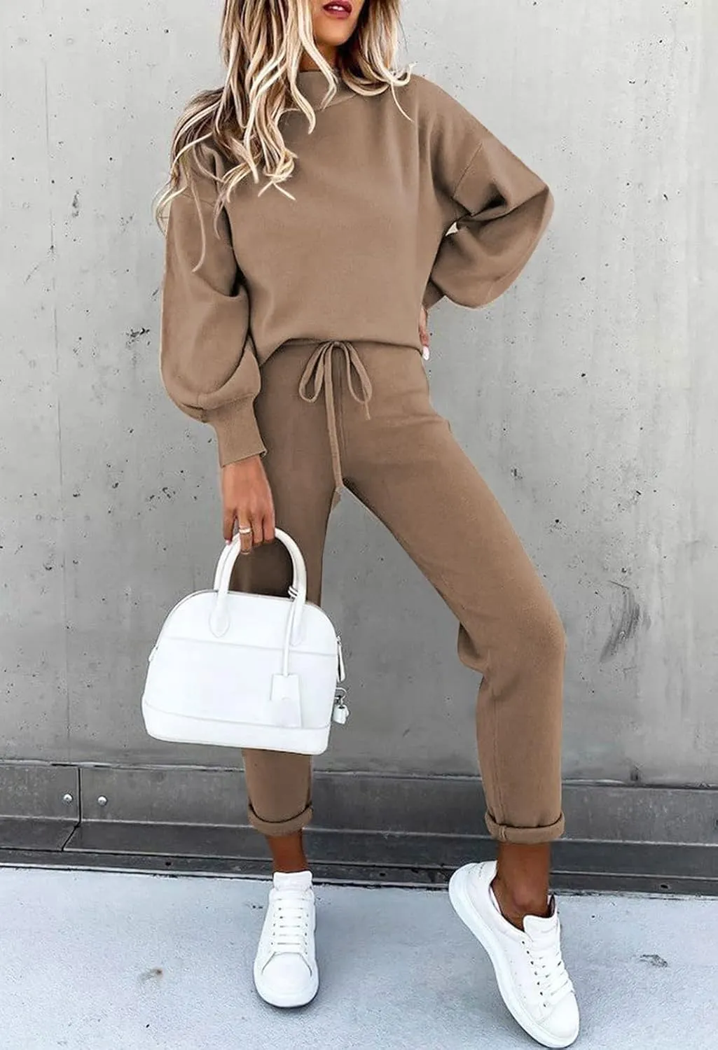 Women's 2 Piece Outfits Mock Neck Long Sleeve Pullover Sweatshirt Jogger Pants Sweatsuit