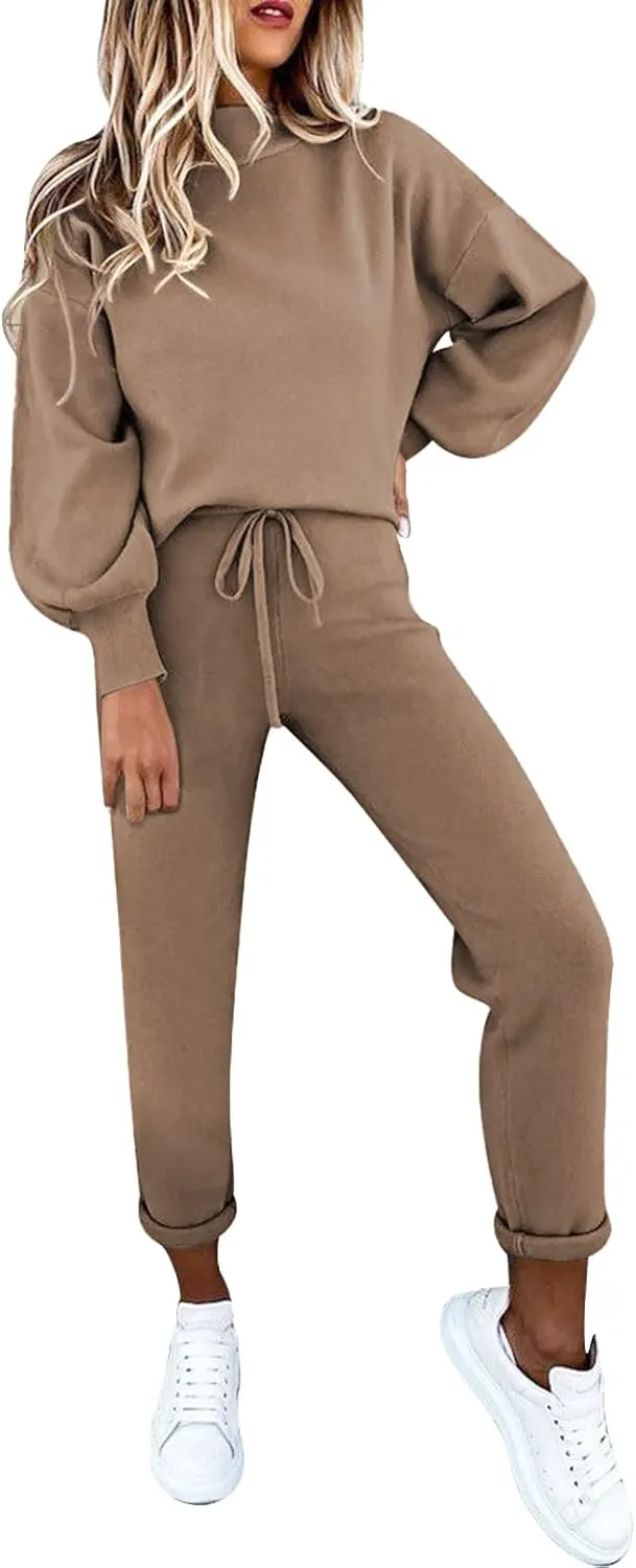 Women's 2 Piece Outfits Mock Neck Long Sleeve Pullover Sweatshirt Jogger Pants Sweatsuit