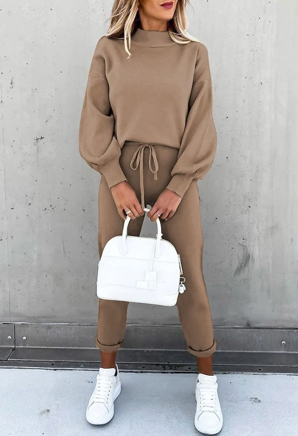 Women's 2 Piece Outfits Mock Neck Long Sleeve Pullover Sweatshirt Jogger Pants Sweatsuit