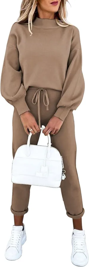 Women's 2 Piece Outfits Mock Neck Long Sleeve Pullover Sweatshirt Jogger Pants Sweatsuit