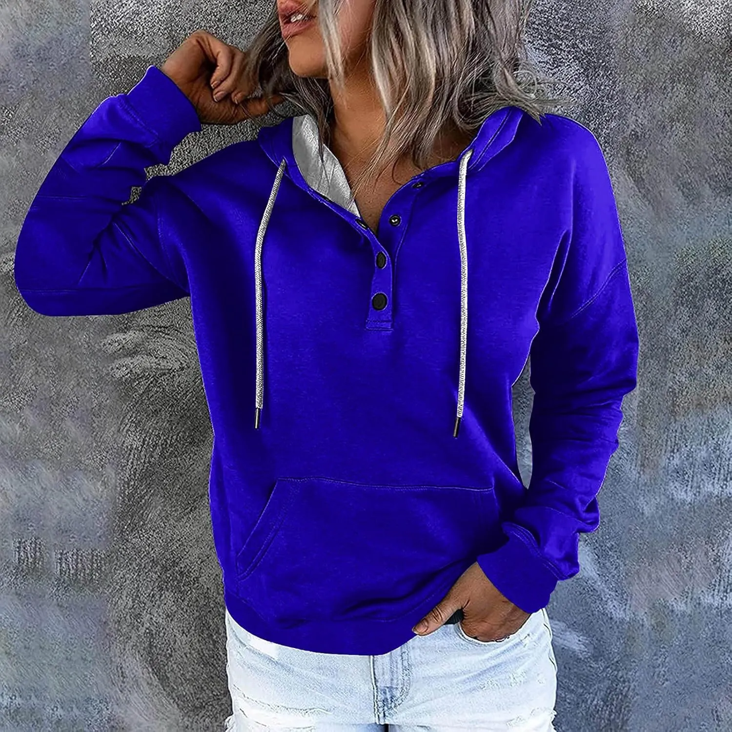 Womens 2024 Button Collar Hoodies Hooded Drawstring Pullover Sweatshirts Casual Long Sleeve Fall Fashion Shirts Top