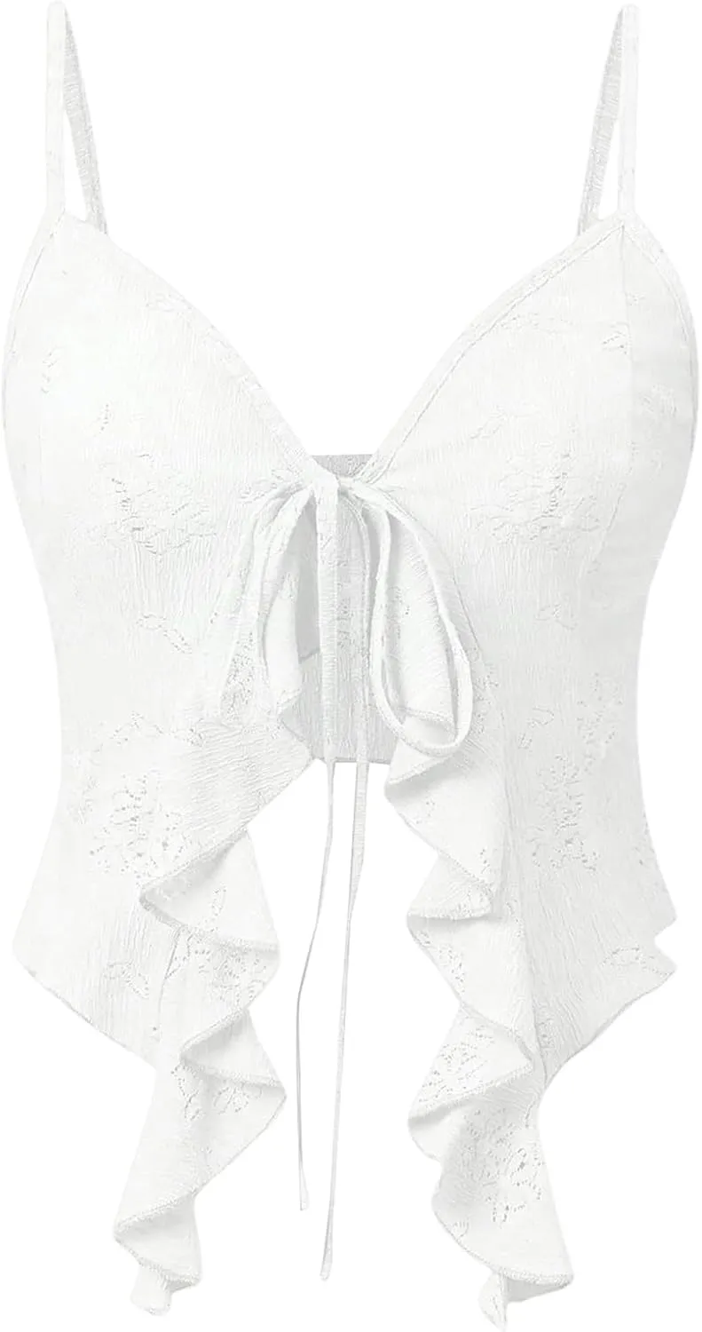 Women's Asymmetric Hem Cami Crop Top Backless Tie Front Ruffle Trim Slim Fit Camisole