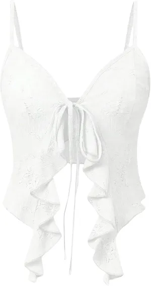 Women's Asymmetric Hem Cami Crop Top Backless Tie Front Ruffle Trim Slim Fit Camisole