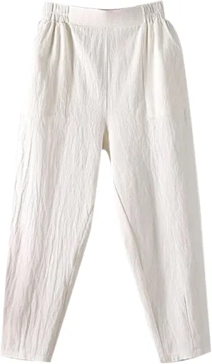 Womens Baggy Wide Leg Pants Casual Drawstring Elastic Waist Linen Carpi Pants Summer 2025 Harem Trousers with Pockets