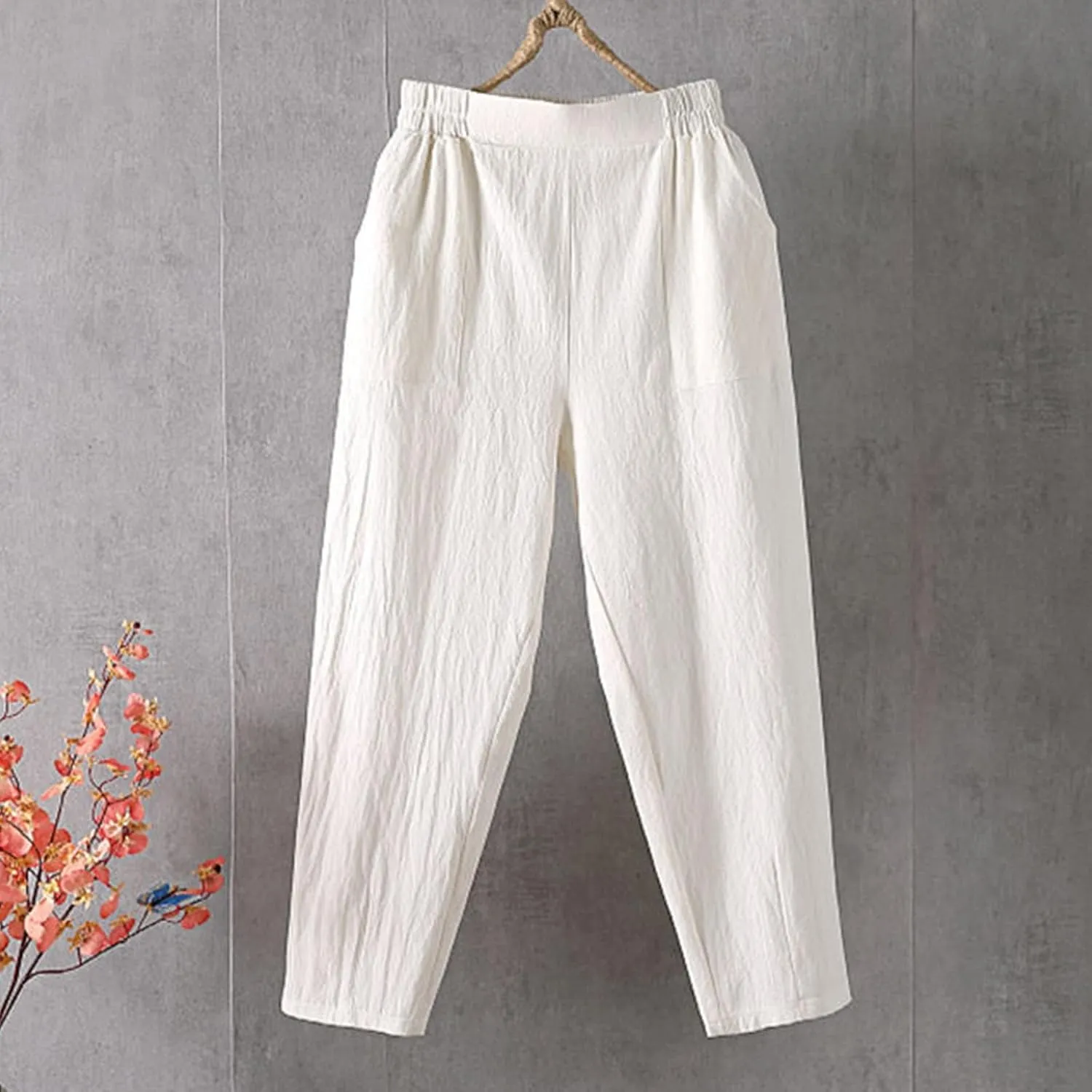 Womens Baggy Wide Leg Pants Casual Drawstring Elastic Waist Linen Carpi Pants Summer 2025 Harem Trousers with Pockets