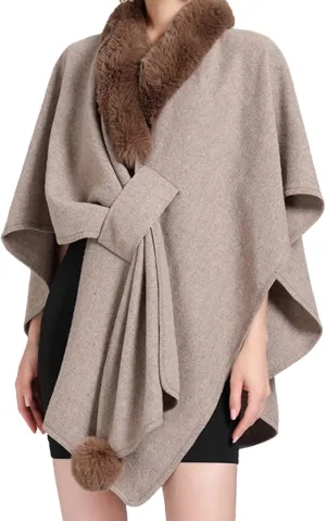 Womens Batwing Sleeve Fur Collar Cloak Shawl ScarfFaux Fur Shawls Jackets V Neck Cape Coats